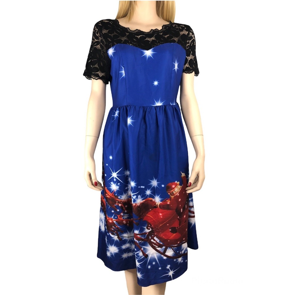 Santa & Reindeer Blue Christmas Dress Women's Size Medium Black Lace Fit & Flare